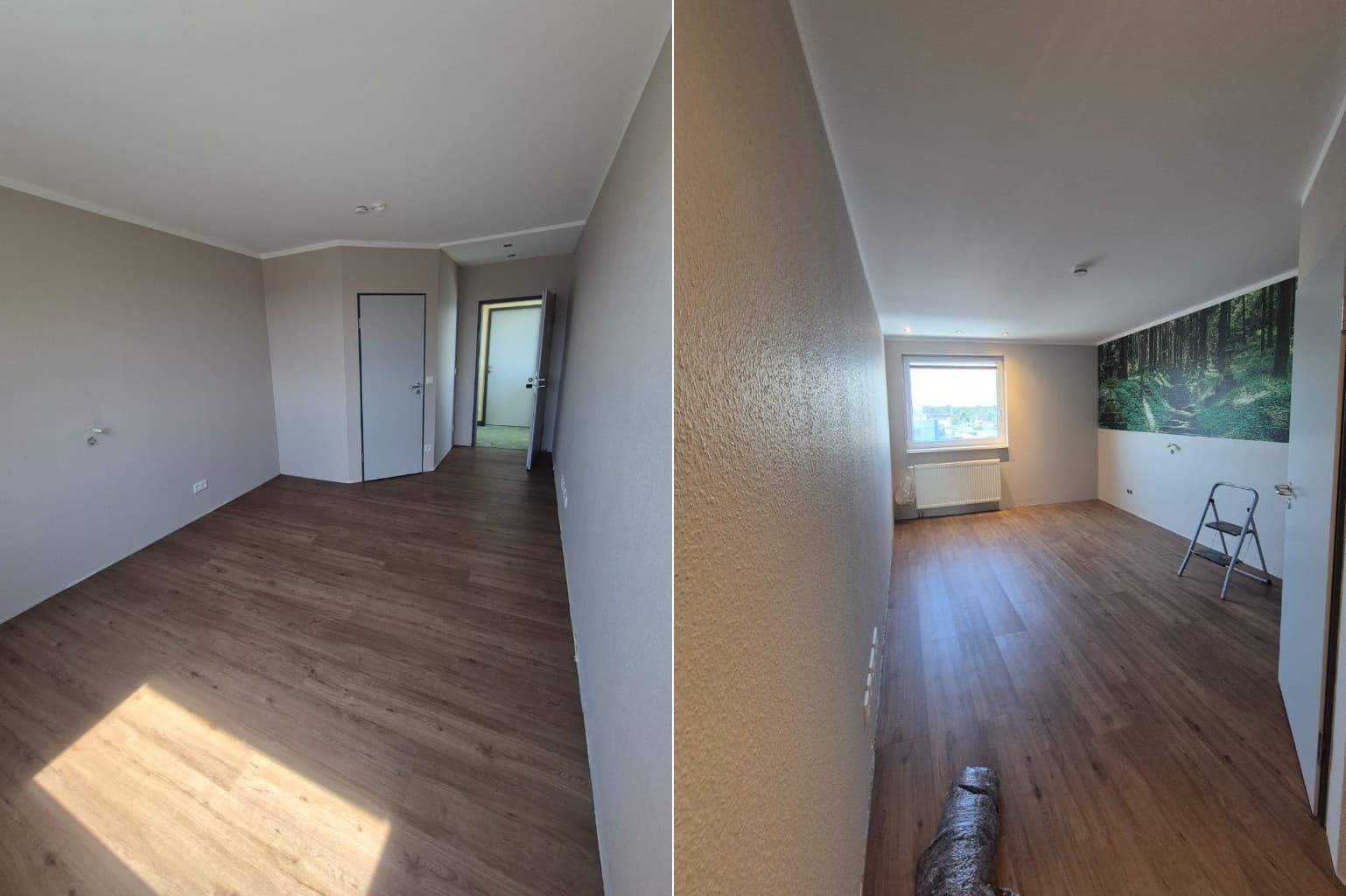 Malerarbeiten – Flur vor der Endmontage, danach fertiger Wohnraum mit Fototapete und neuem Boden