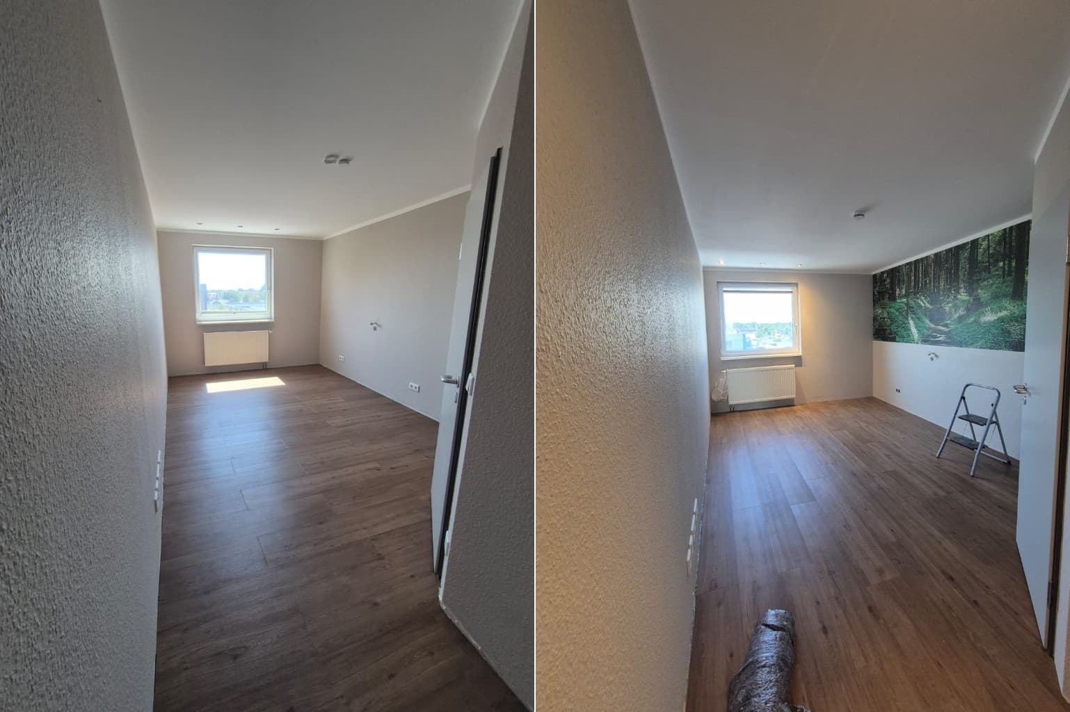 Malerarbeiten – leerer Raum mit strukturierten Wänden vor der Renovation, danach mit Waldfototapete und neuem Boden